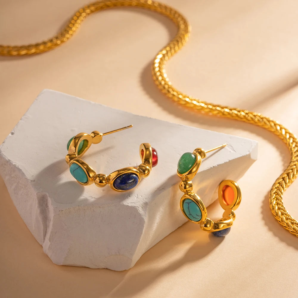 Brincos Geométricos Charlott com Pedras Naturais e Ouro 18K