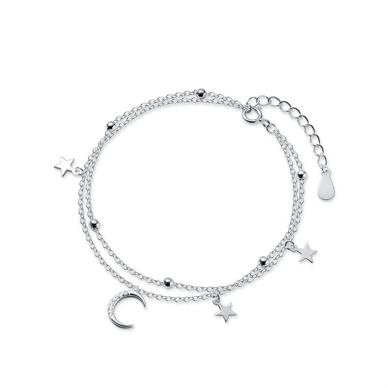 Pulseira Charlott de Prata Estrelada com Lua Dupla Camada